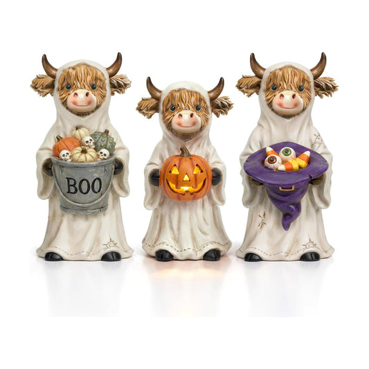 3 Pcs Halloween Highland Cow Figurines, Ghost with Pumpkin Decor