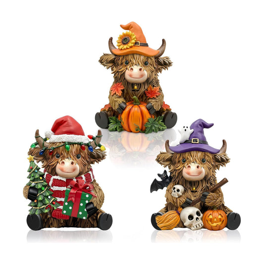 3 Pcs Highland Cow Decor Figurines, Seasonal Holiday Theme