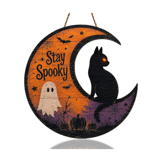 Halloween Door Sign Wooden Hanging Plaque Cat Moon Front Door Porch Decor