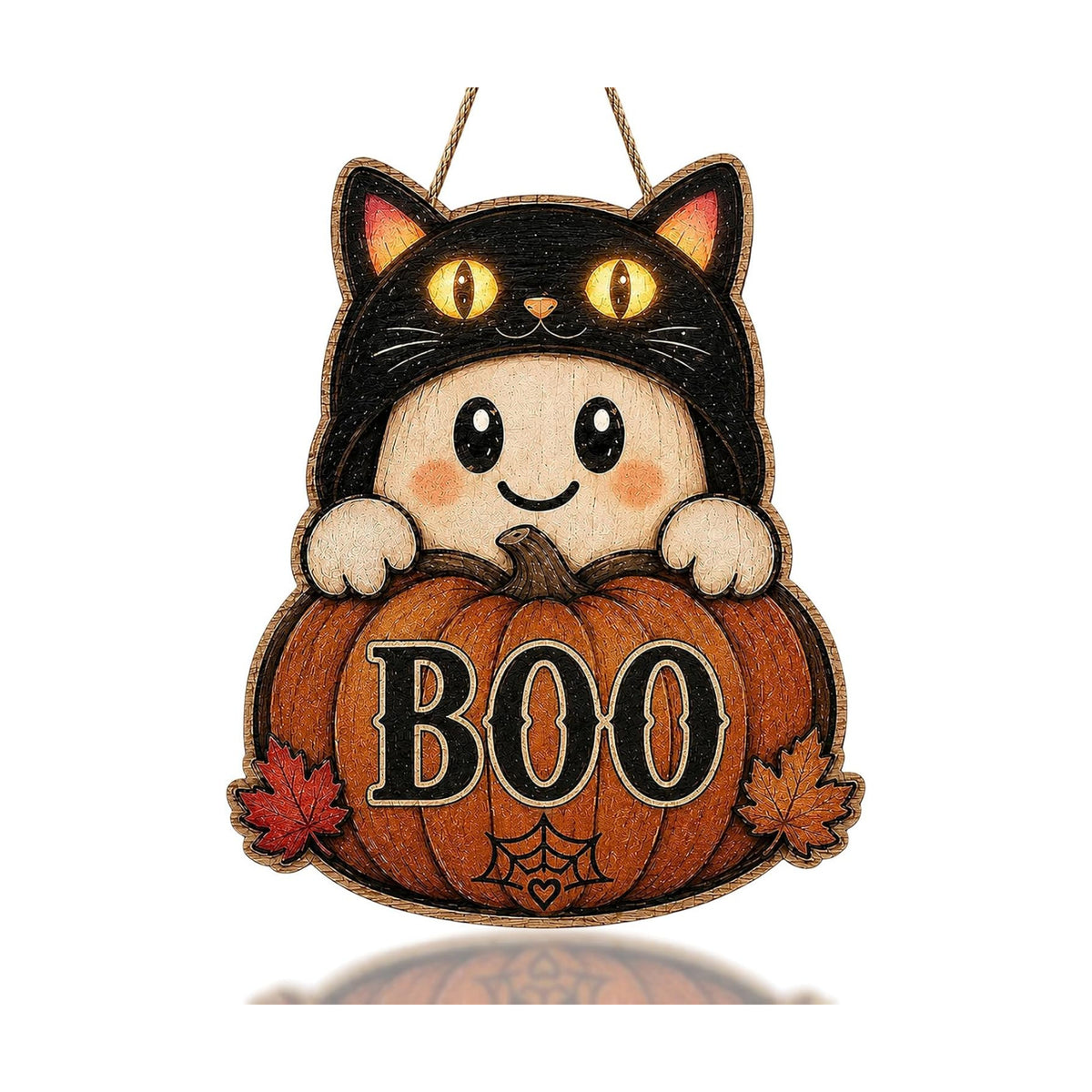 Halloween Door Sign Cute Ghost Wear a Black Cat Hat Pumpkin BOO Decor