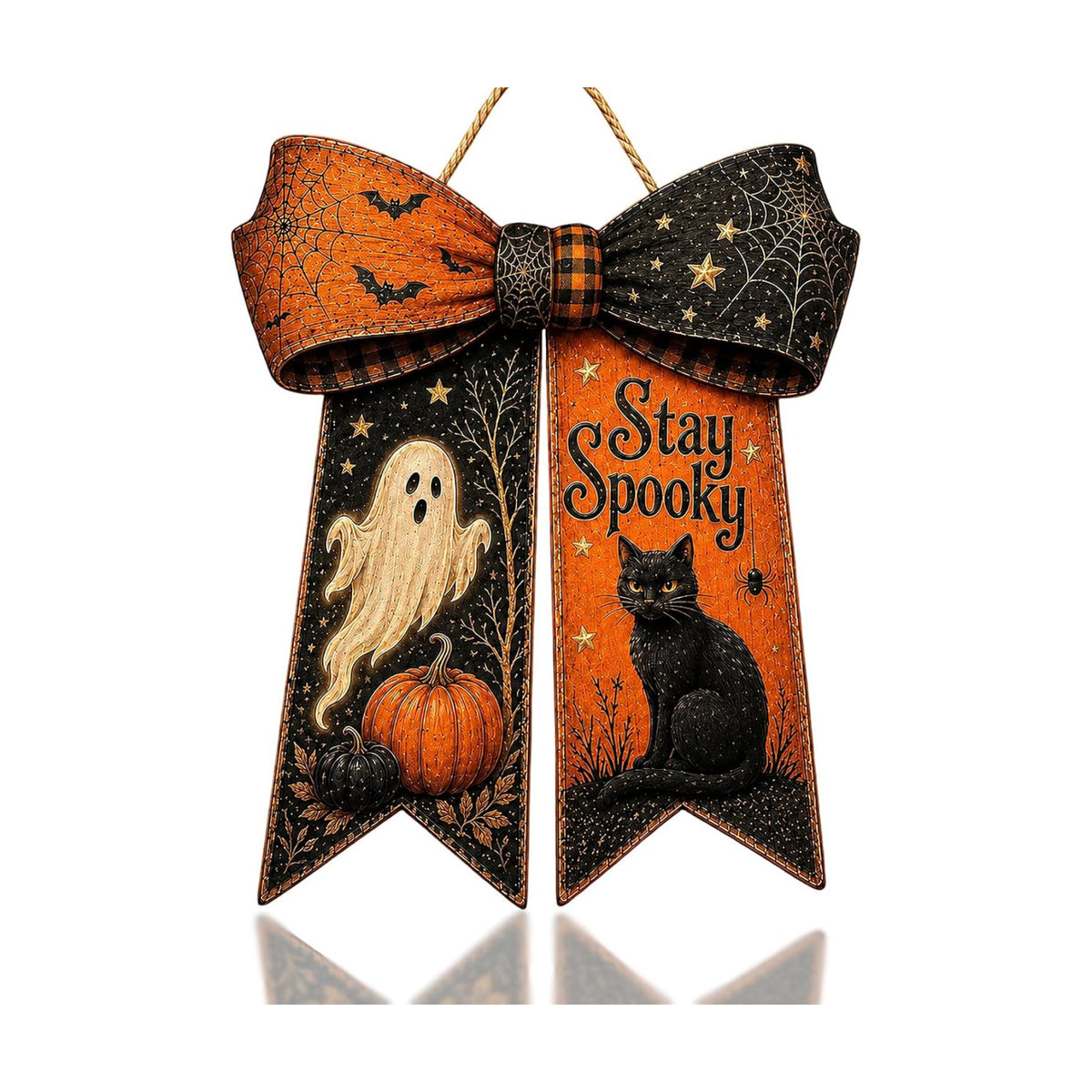 Halloween Bow Door Hanger Ghost Cat Black Orange Front Porch Wooden Sign