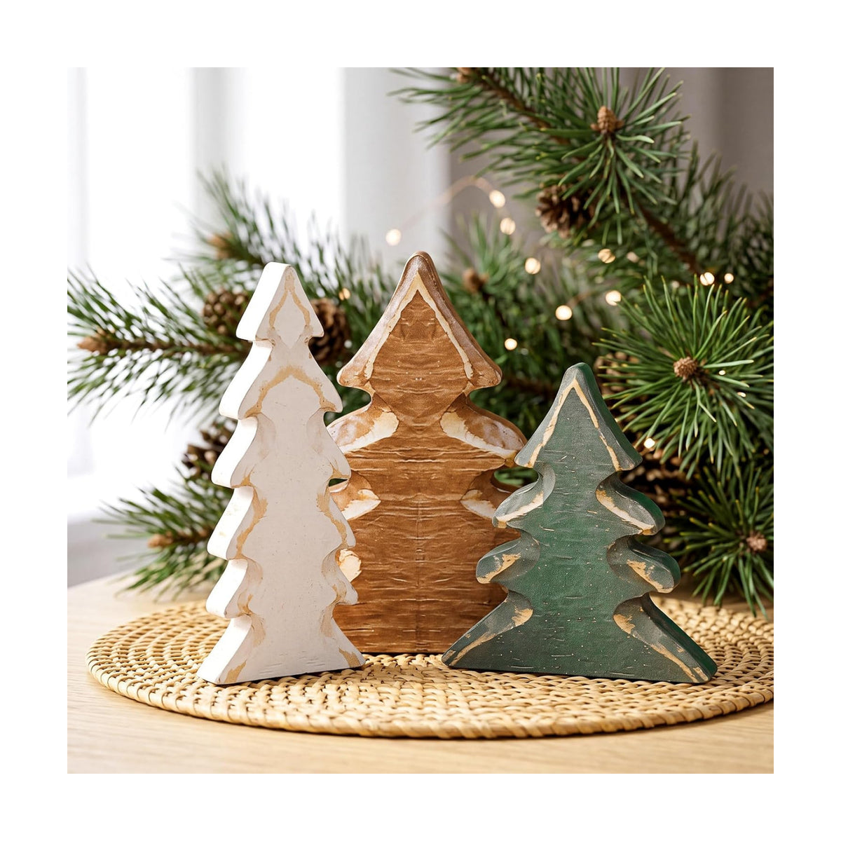Cinnvoice 3pcs Christmas Tree Wooden Decor, Rustic Farmhouse Tabletop Decor