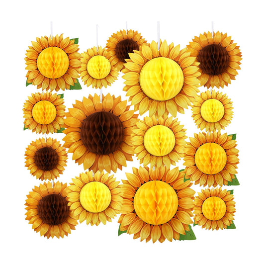 BOARDFEB 15Pcs 3D Paper Sunflower Honeycomb Hanging Decorations