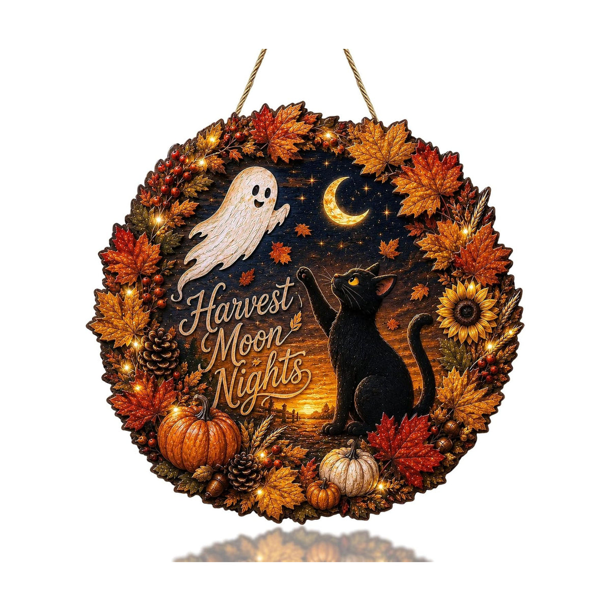 Halloween Harvest Moon Nights Fall Wreath Sign, Black Cat Ghost Wood Decor