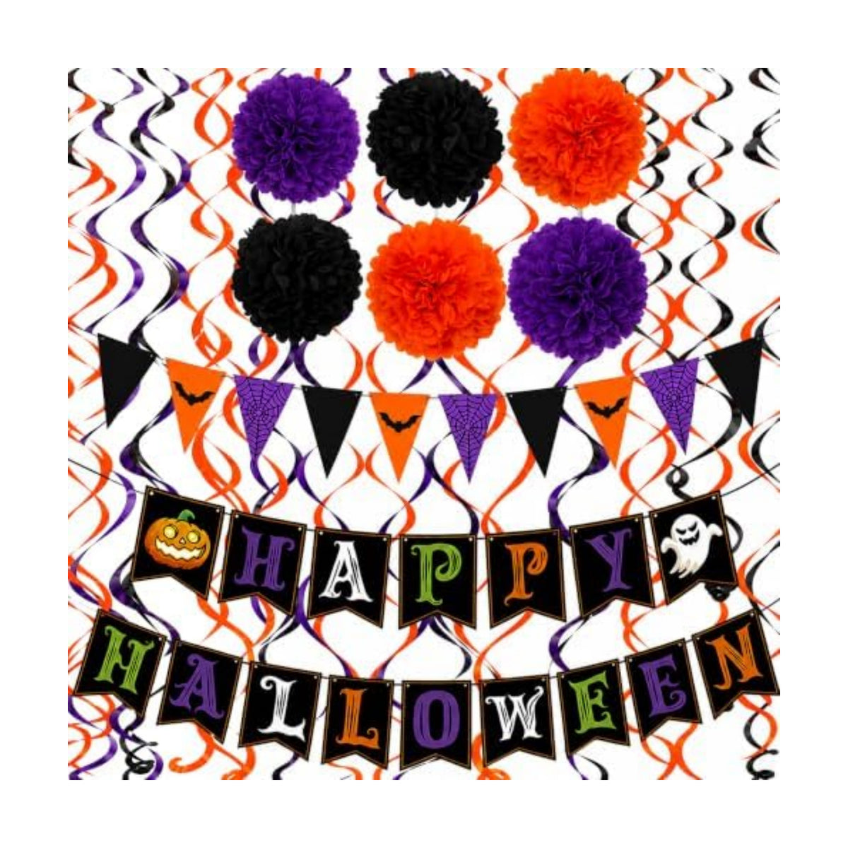 Halloween Decorations - HAPPY HALLOWEEN Banner with Hanging Swirls Pompoms