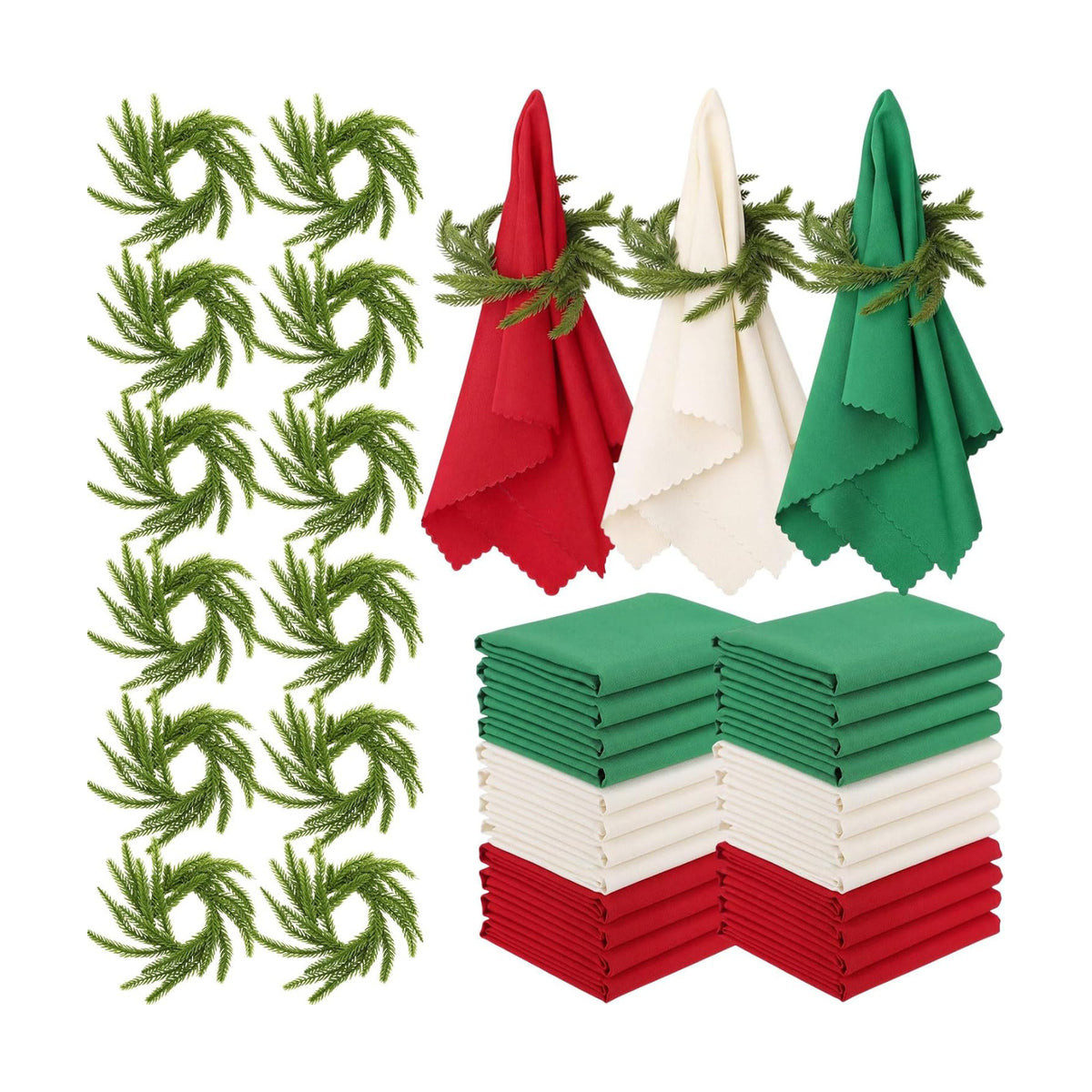 LemonRoad 36 Pcs Cloth Napkins and Napkin Ring Holders, Reusable Fabric for Table Decor Banquet Holiday Dinner Party Supply(Red,Green,White,Norfolk Pine)