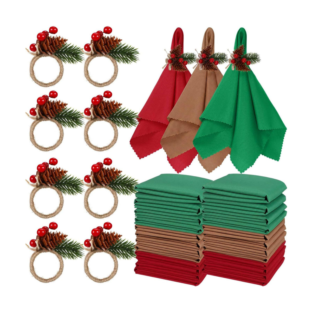 LemonRoad 36 Pcs Christmas Cloth Napkins and Napkin Ring Holders, Reusable Fabric with Pine Needle Red Fruit Napkin Rings for Xmas Table Decor, Banquet, Holiday Dinner Party, Wedding Party Supplies