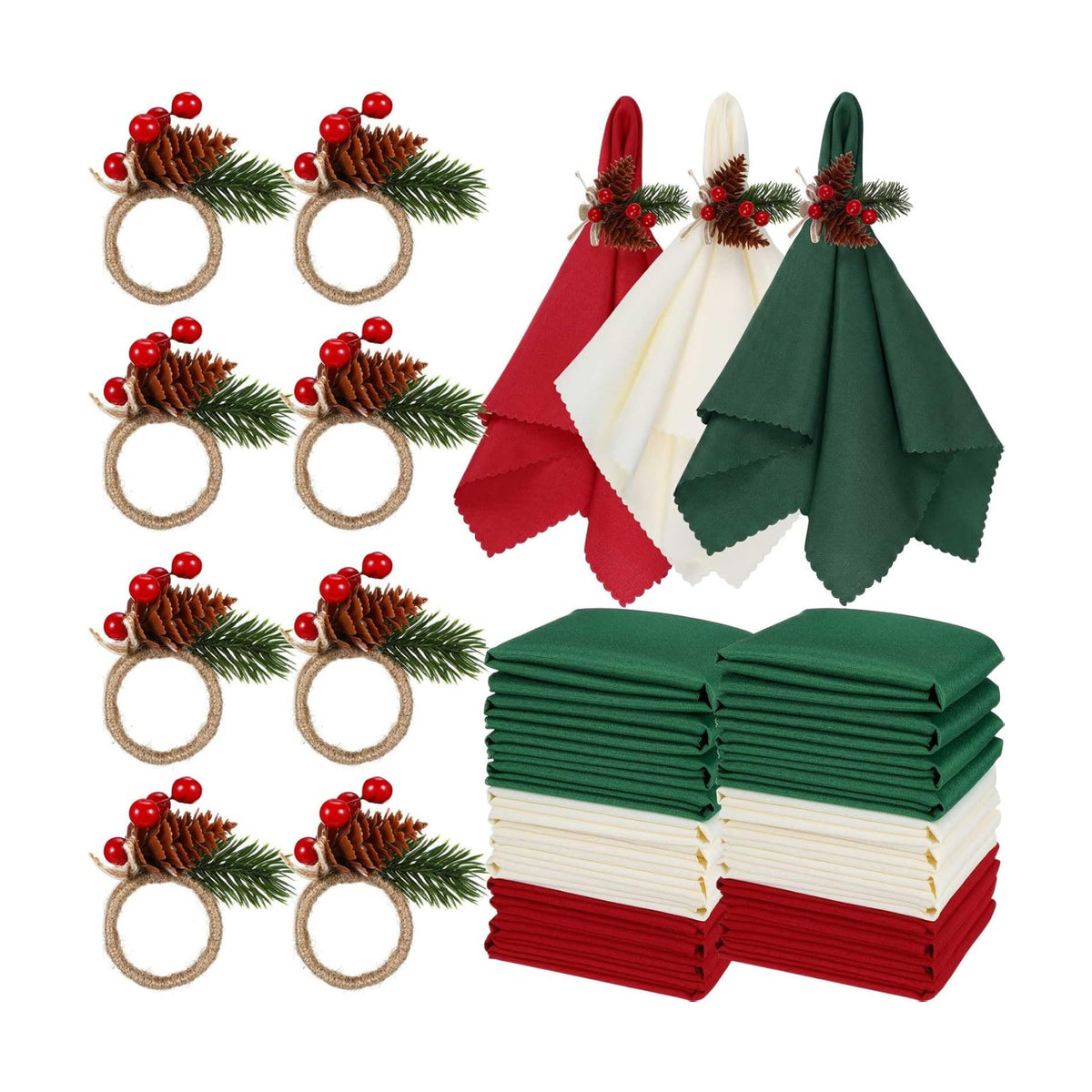LemonRoad 36 Pcs Cloth Napkins and Napkin Ring Holders, Reusable Fabric for Table Decor Banquet Holiday Dinner Party Supply(Red, Dark Green,White,Christmas)