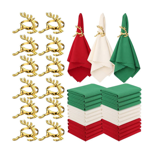LemonRoad 36 Pcs Cloth Napkins and Napkin Ring Holders, Reusable Fabric for Table Decor Banquet Holiday Dinner Party Supply(Red,Bright Green,White,Elk)