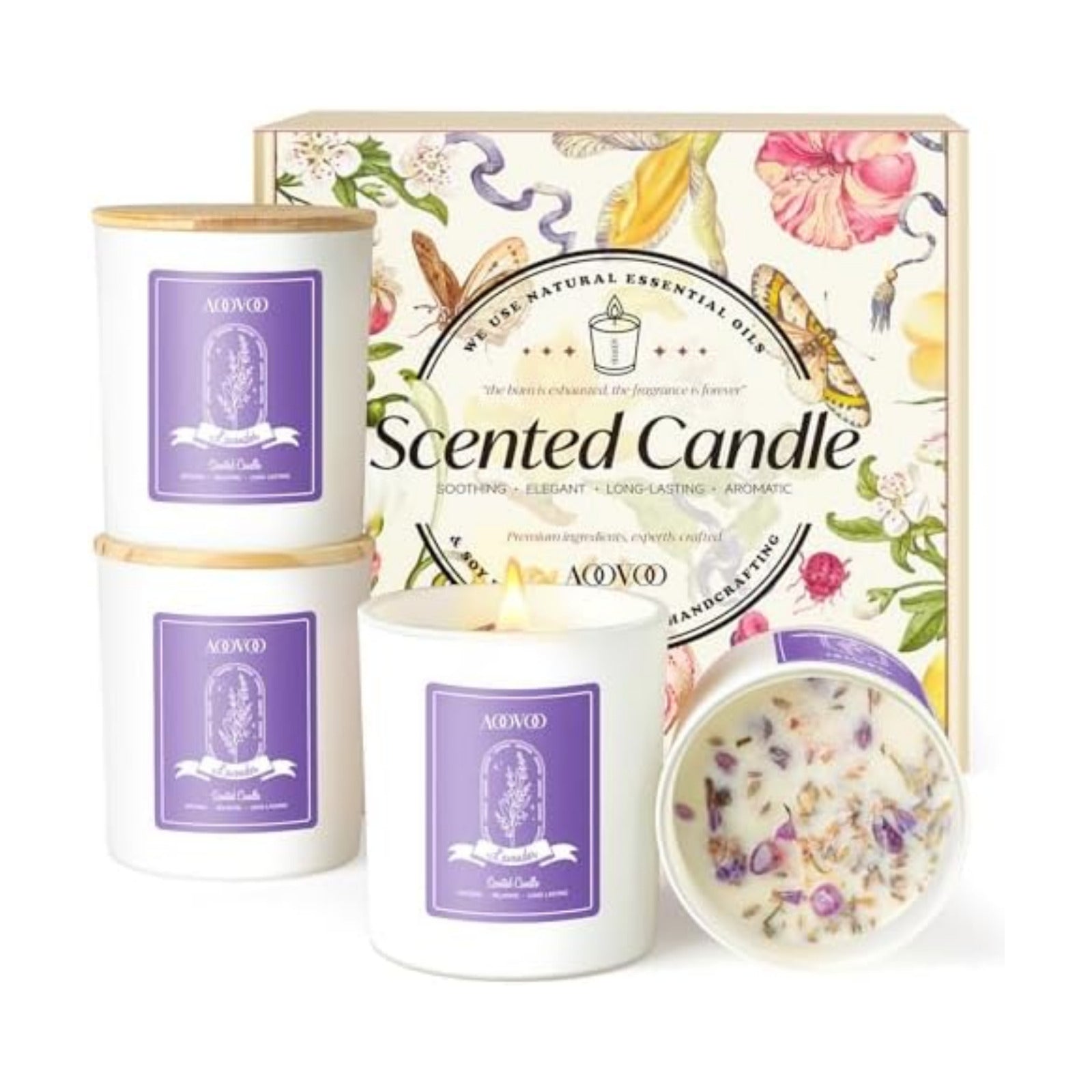 AOOVOO Lavender Candles Set for Women - 4 Pack Candles for Home Scented, Aromatherapy Candle with Crystals Inside, 20