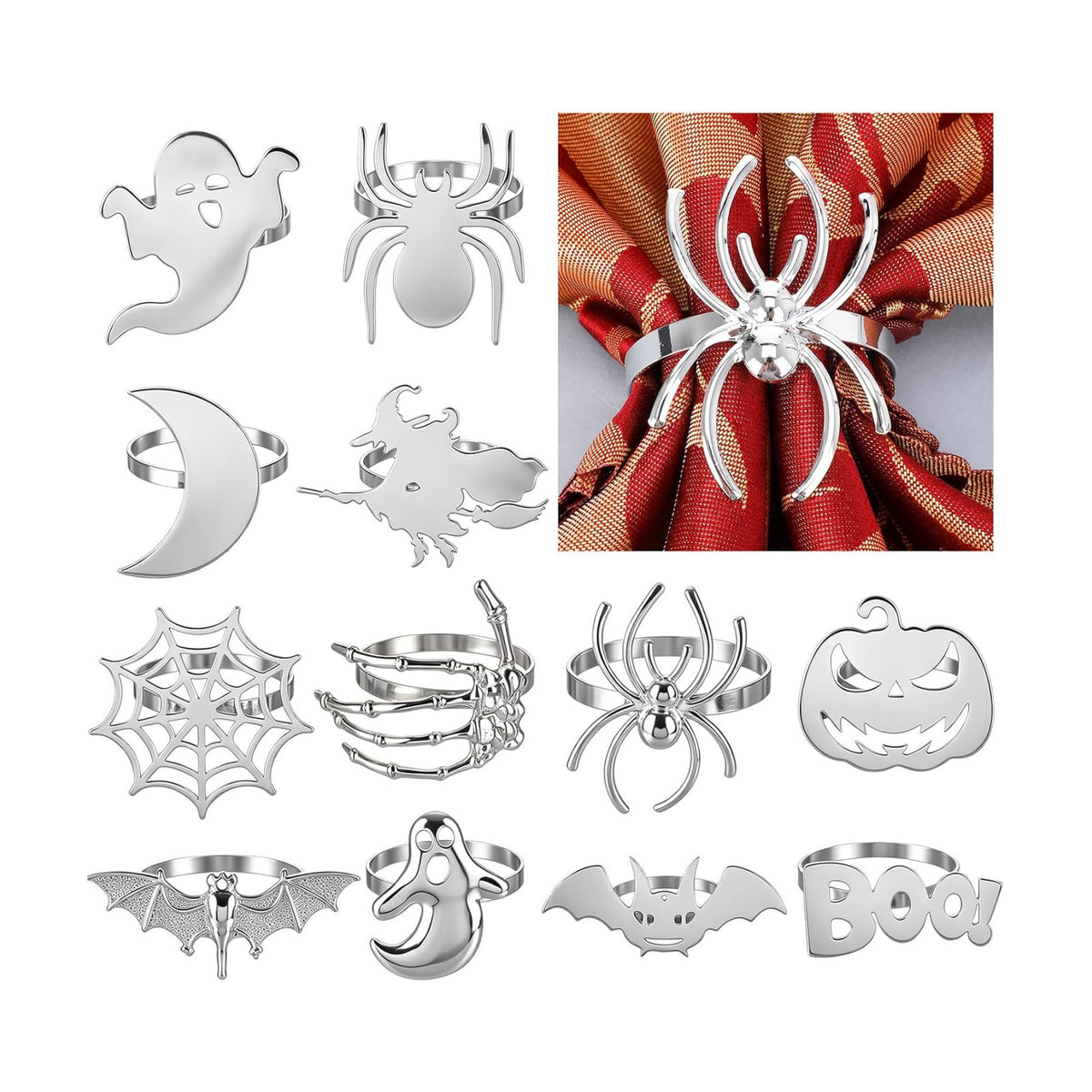 WILLBOND 12 Pcs Halloween Napkin Rings Metal Spooky Rings Holders Silver
