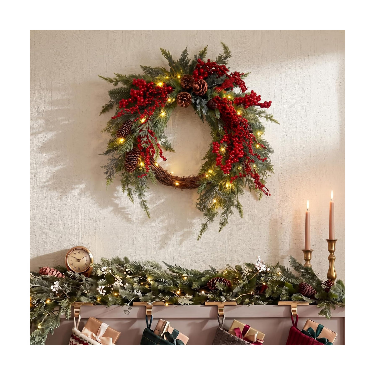 Yinder 20 Inch Christmas Wreath with LED Lights Red Berry Rattan