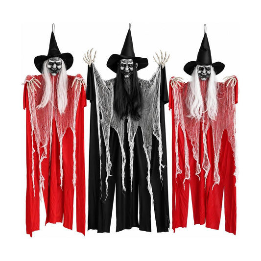3 Pack 4 Foot Hanging Witch Halloween Decorations, Large Scary Witches with Witch Hats, Long Hair, Skeleton Hands & Tattered Robes, Hanging Halloween Decor for Indoor Outdoor Yard Porch Haunted House