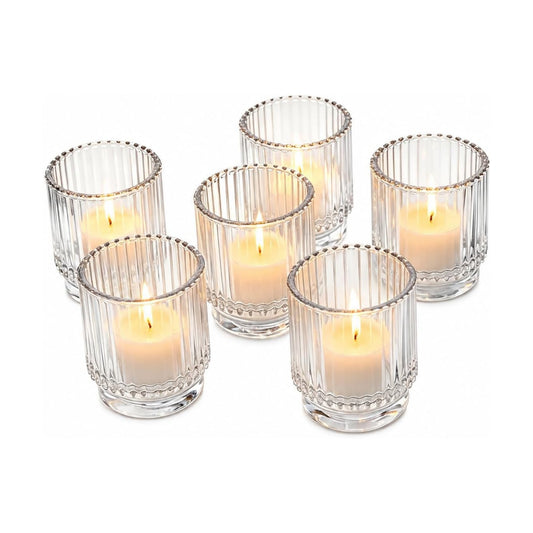 Kate Aspen Vintage Ribbed Glass Candle Holders Set of 6 - Votive & Tealight Candle Holder Decor for Holiday Table Decor, Christmas Dining Tablescape, Fall & Boho Home Accents (Clear)