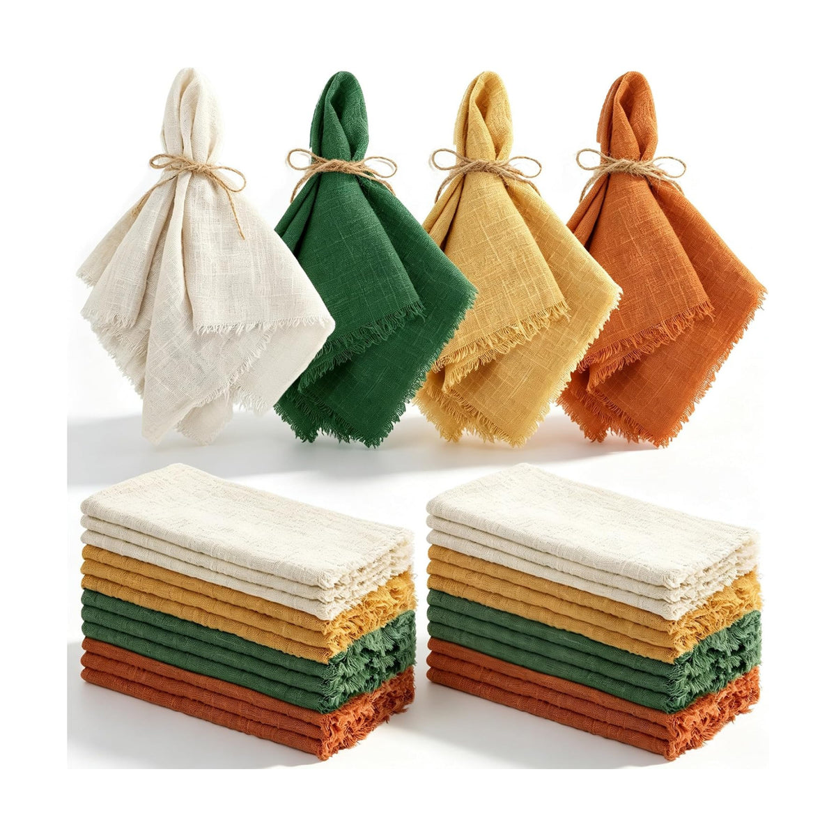 TURSTIN 24 Pieces Thanksgiving Cotton Linen Cloth Napkin Handmade Cloth | Fall Napkin with Fringe 17 x 17 Inch Soft