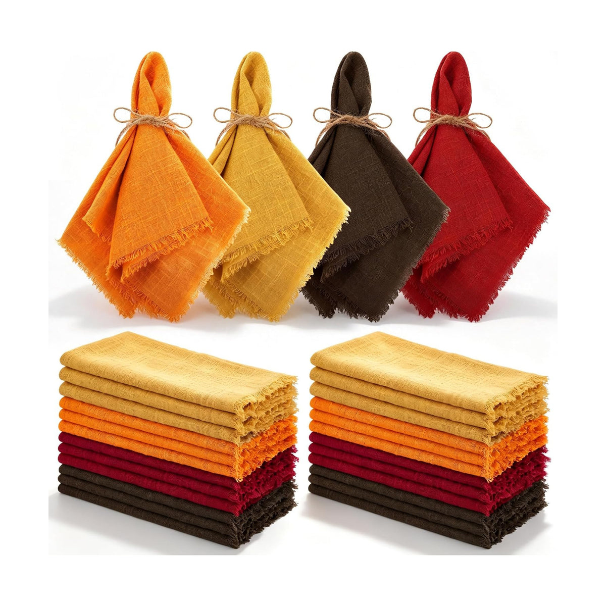 TURSTIN 24 Pieces Thanksgiving Cotton Linen Cloth Napkin Handmade Cloth | Fall Napkin with Fringe 17 x 17 Inch Soft