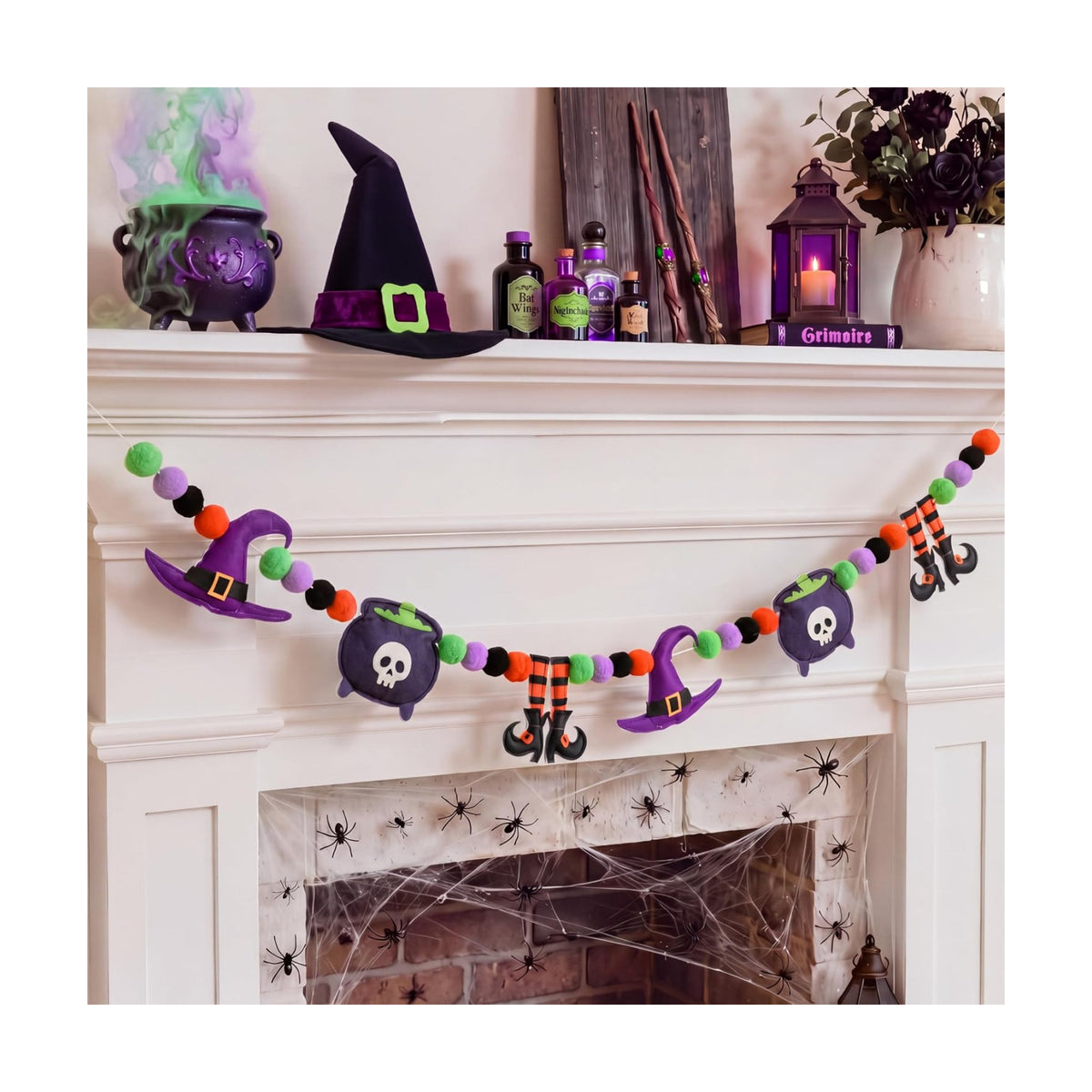 VitalCozy Halloween Felt Banner Pom Pom Garland, Purple, Witch