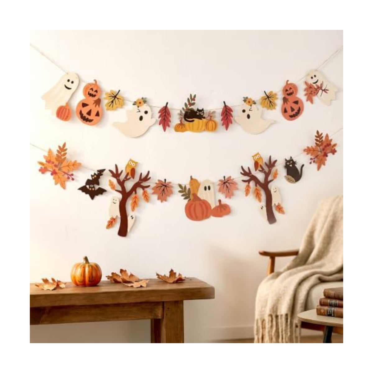 Halloween Fall Decorations - 2PCS Cute Little Ghost and Pumpkin Maple Leaves Paper Banner Bunting
