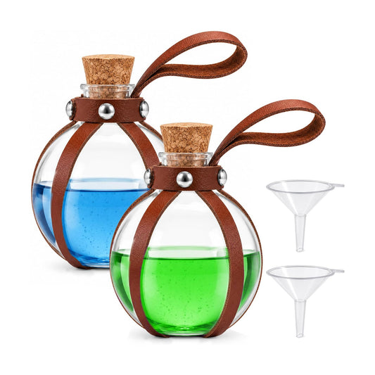 2 Pack Spherical Plastic Potion Bottles with Cork & Leather Belt