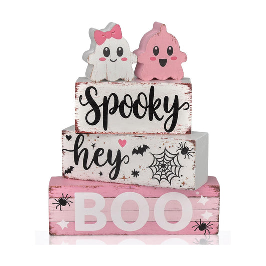 PAPER FAIR Pink Halloween Table Wood Block Sign Set, 5Pcs Pastel Coquette Tiered Tray Decor Items, Cute Pinkoween Ghost Desk Decoration, Aesthetic Fall Room Decor for Girls Bedroom Home Office Apartment