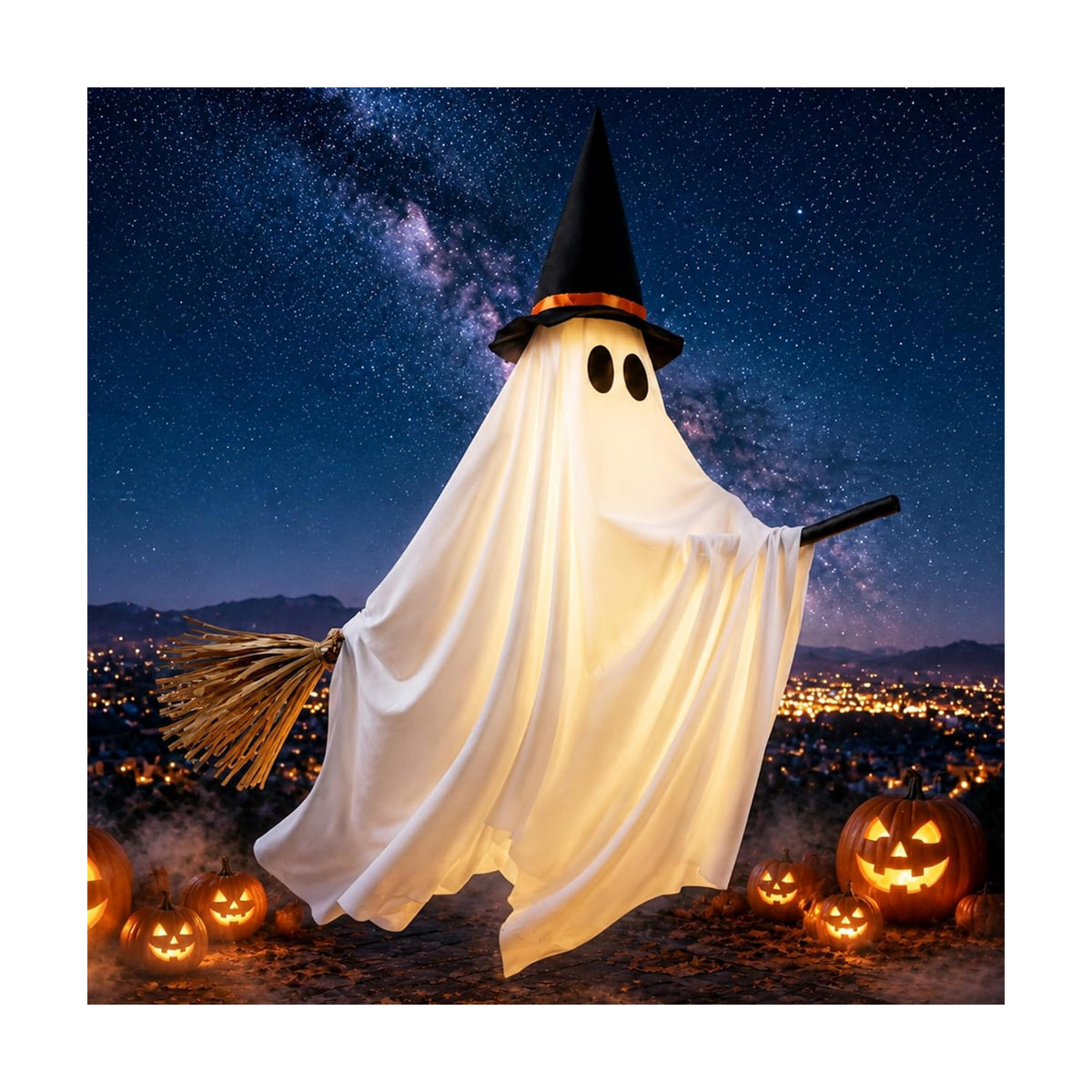 Witch Ghost with Broom Halloween Decorations Hanging LED Lights