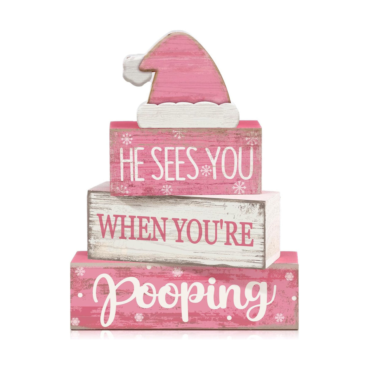 Moucuny 4 Pcs Funny Christmas Bathroom Decor Pink Santa Hat Wooden Signs