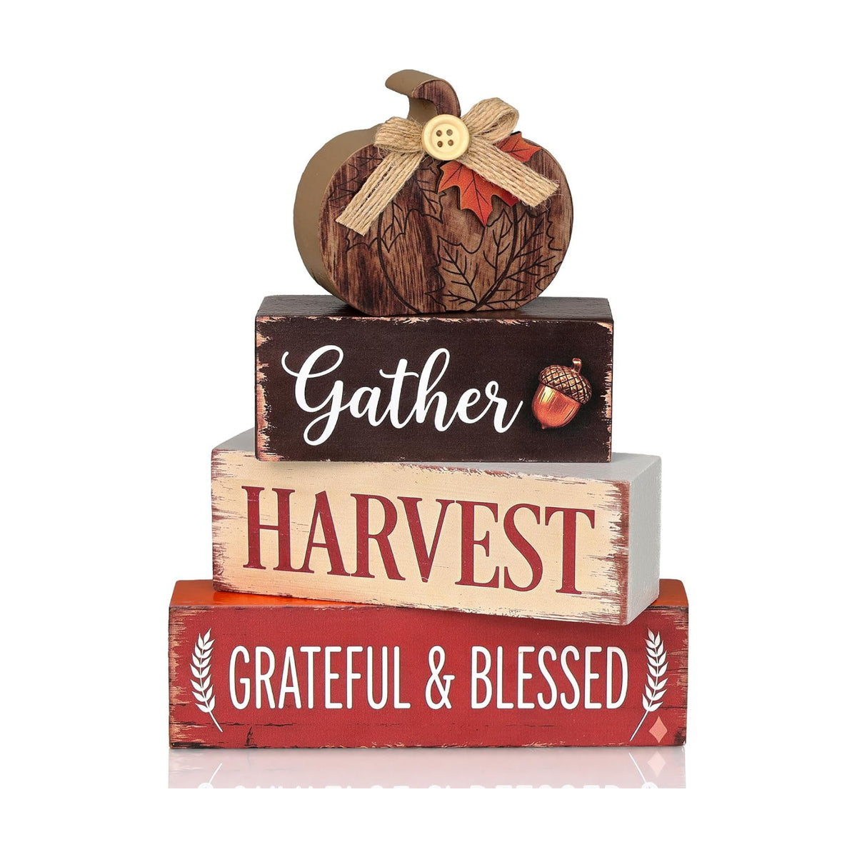 PAPER FAIR Fall Wood Block Sign, Rustic Autumn Pumpkin Stacked Table Centerpiece, Gather Harvest Grateful Blessed Farmhouse Tiered Tray Decor, Thanksgiving Home Mantel Desk Decoration