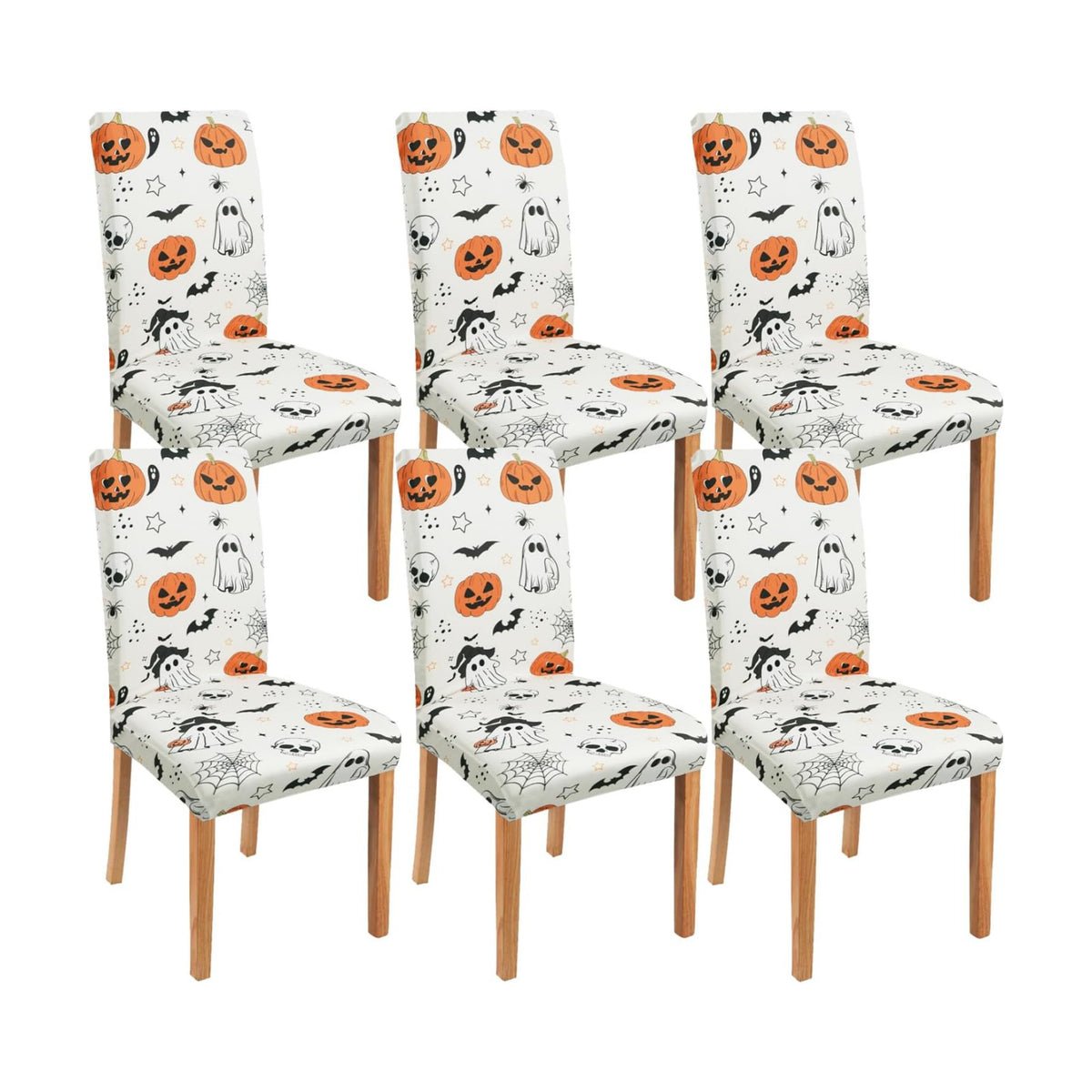 Halloween Chair Covers Set of 6,Pumpkin,Ghost and Skull Dining Chair Protectors,Elastic Removable Washable Dining Chair Covers,Suitable for Halloween Kitchen Dining Room chair Holiday Decorations