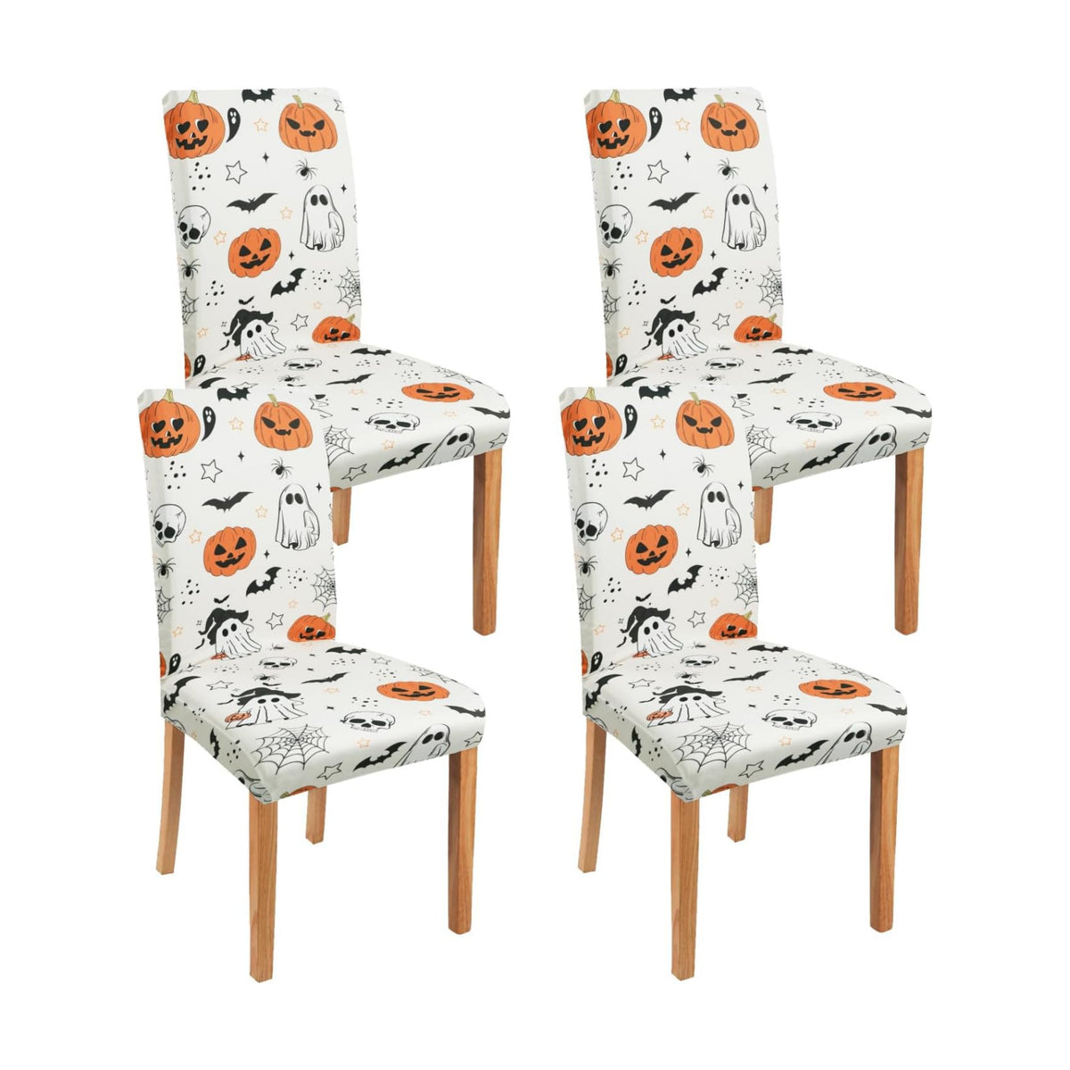Halloween Chair Covers Set of 4,Pumpkin,Ghost and Skull Dining Chair Protectors,Elastic Removable Washable Dining Chair Covers,Suitable for Halloween Kitchen Dining Room chair Holiday decorations