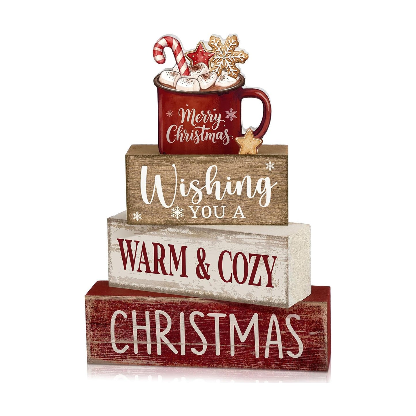 Moucuny 4 Pcs Christmas Coffee Table Decor for Home Kitchen, Wooden Cocoa