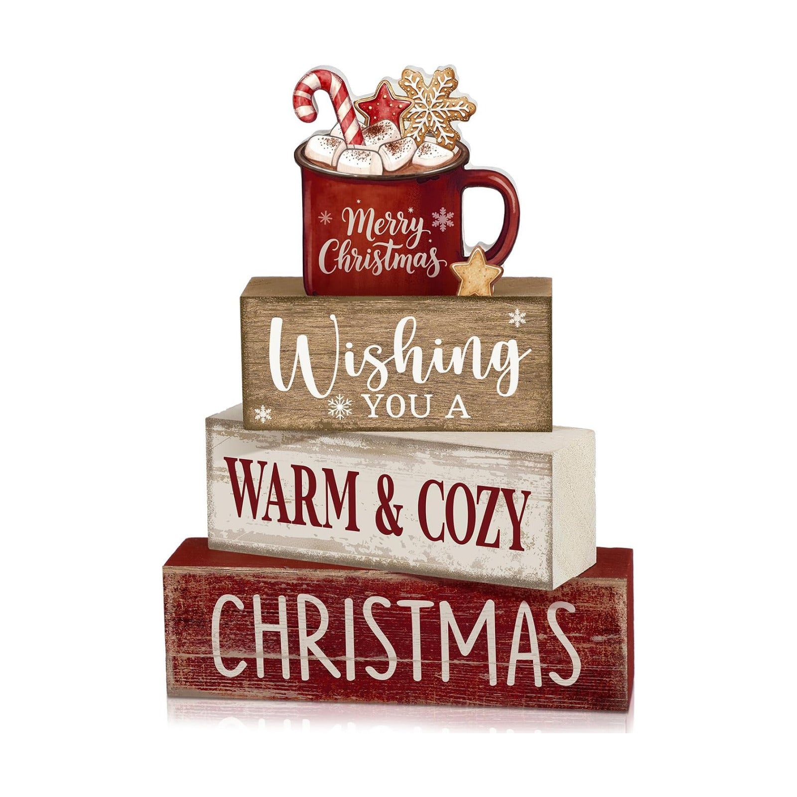Moucuny 4 Pcs Christmas Coffee Table Decor for Home Kitchen, Wooden Cocoa