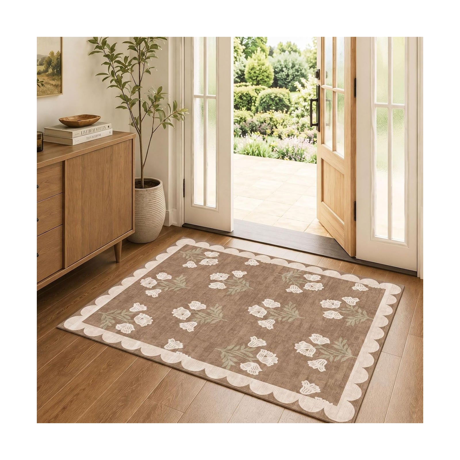 3x4 Floral Entry Rug - Small Washable Indoor Outdoor Mats for Front Door Non-Slip Porch Rug Tan Boho Neutral Farmhouse