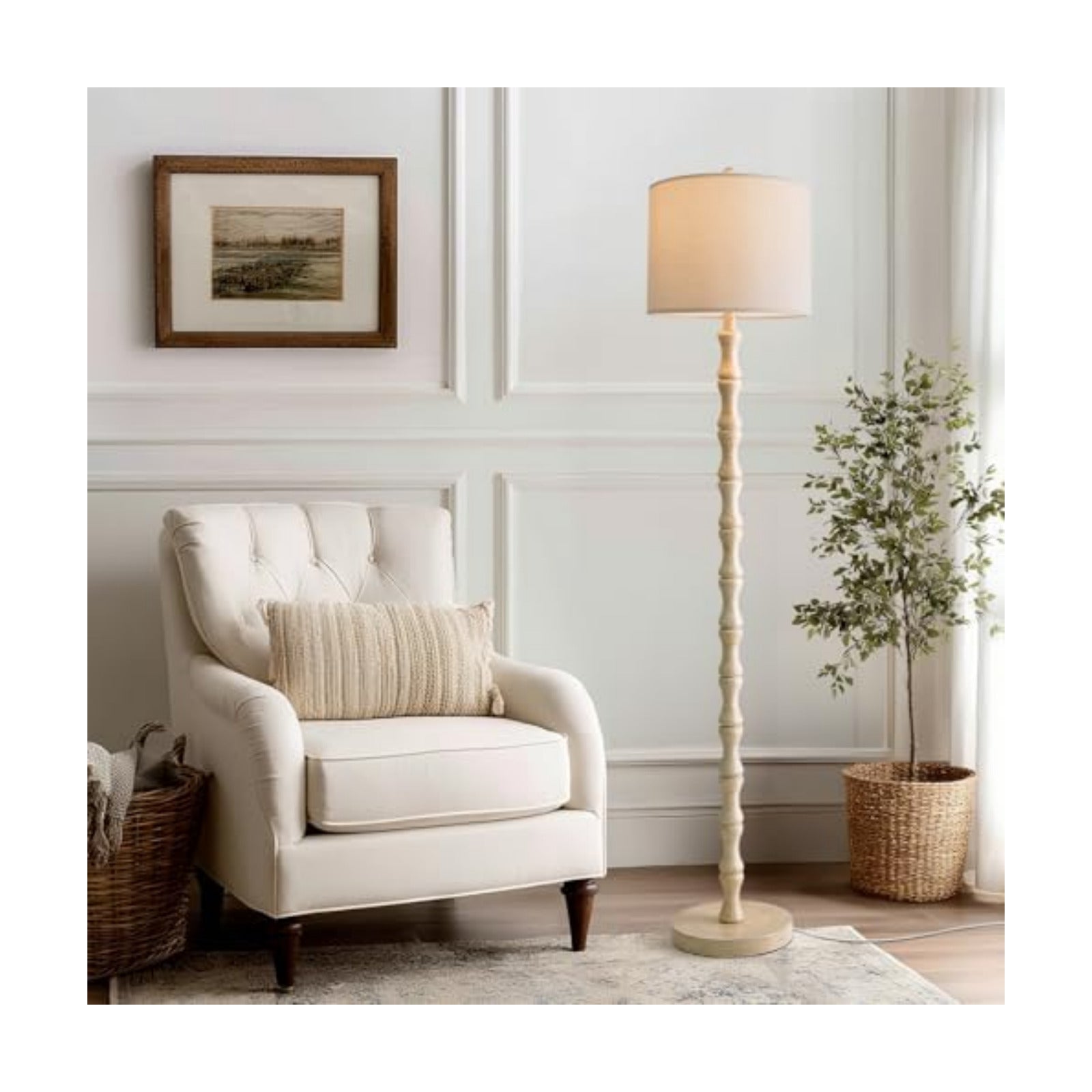 BOBOMOMO 62" Rustic Floor Lamp, Retro Farmhouse Standing Lamp with Rotary Switch, Resin Antique White Floor Lamp for