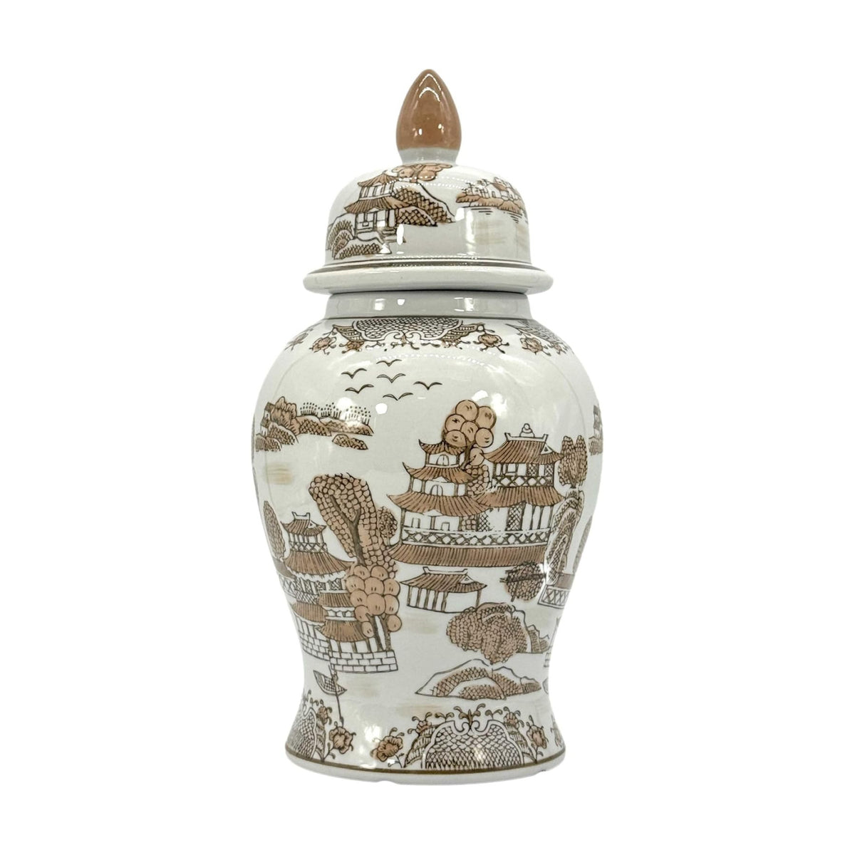 Galt International 14" Brown & White Landscape Ceramic Porcelain Ginger Jar Floral Home Décor Jar Urn Shape Vase