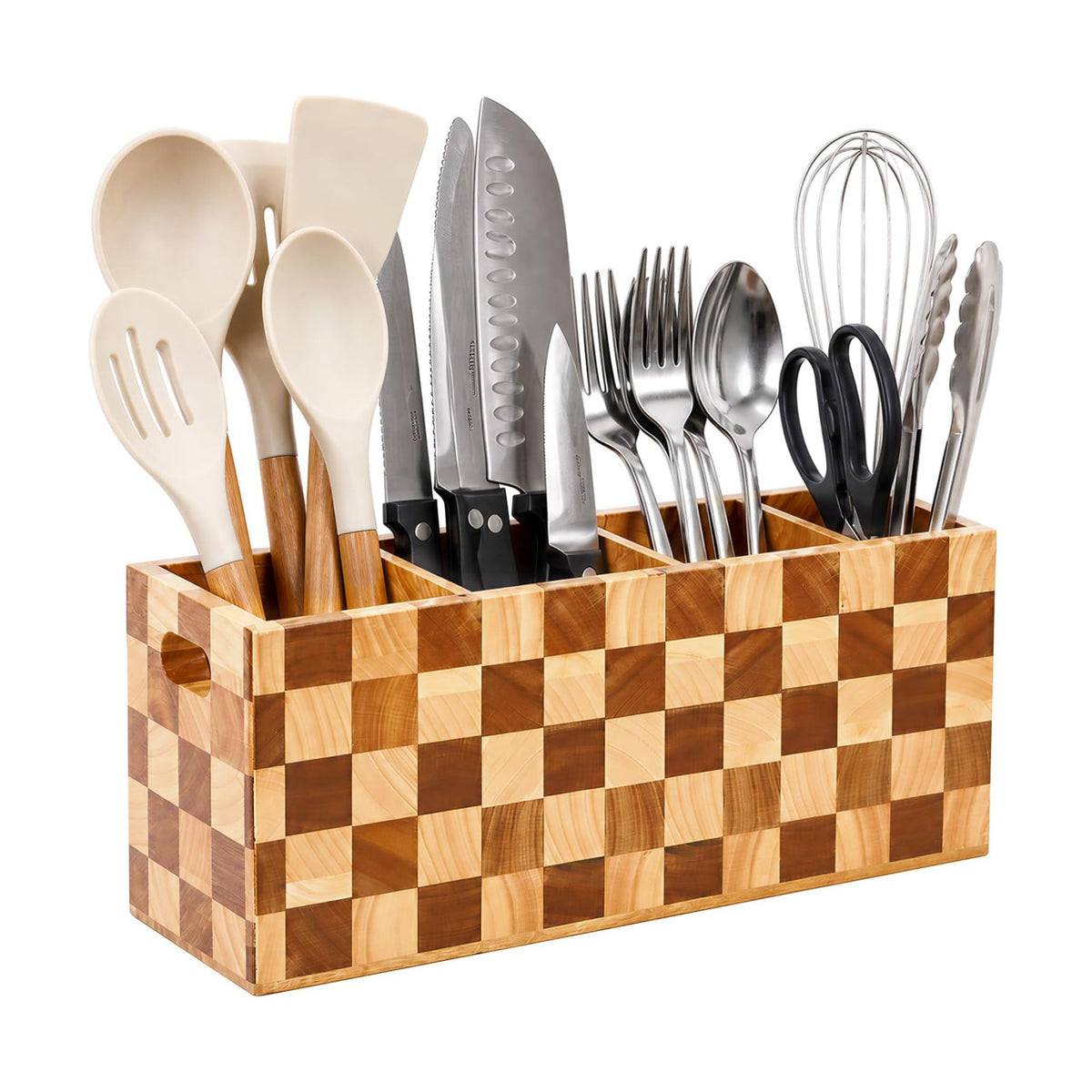 Wooden Utensil Holder, 4 Compartment Kitchen Countertop Organizer Crock | Acacia Wood Kitchen Utensil Holder with 3