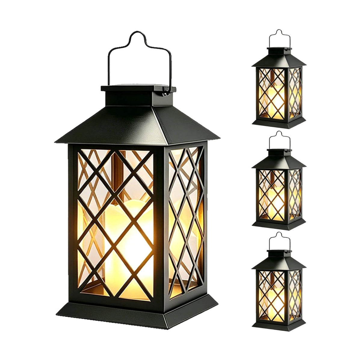 4 Pack 14" Large Tempered Glass Solar Lanterns Outdoor Waterproof | Black retro solar lantern with flickering flameless