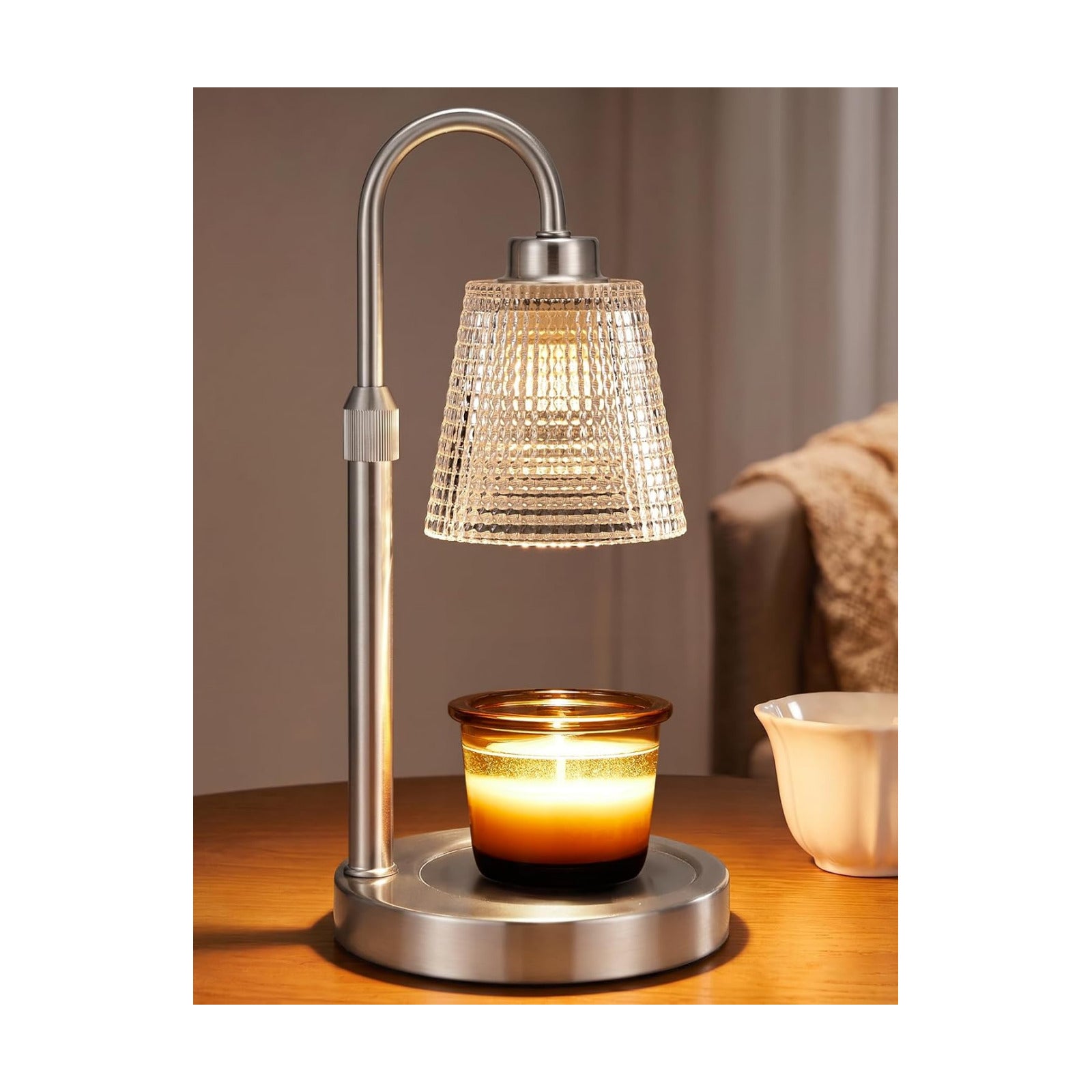 Satin Nickel Candle Warmer Lamp with Timer, Dimmable Candle Warmer for Jar Candles, Height Adjustable Wax Melts Warmer