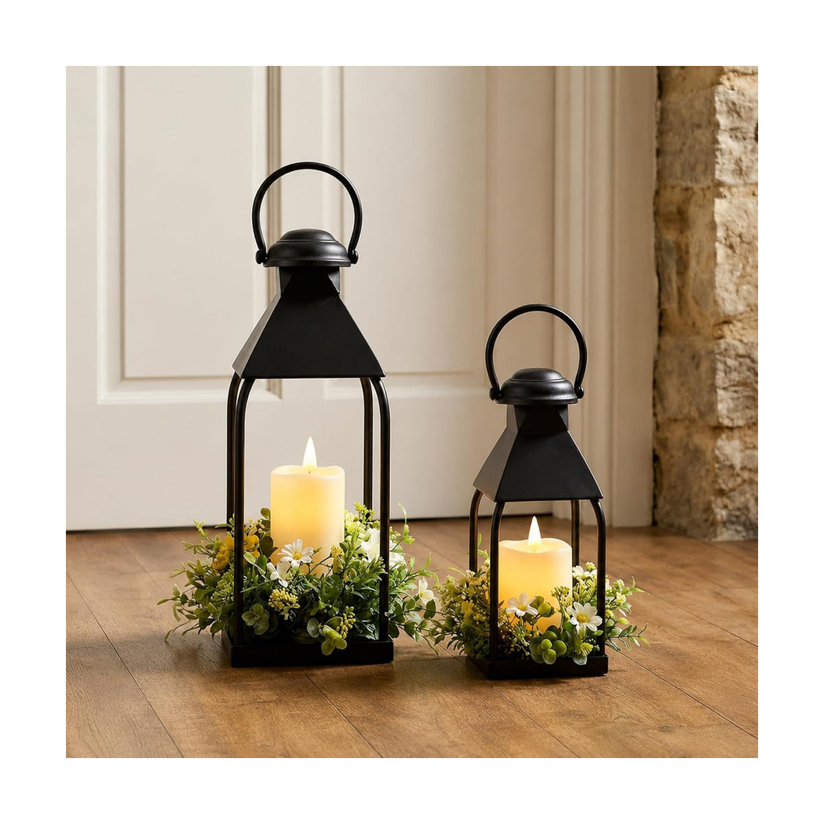 Decorative Metal Lanterns Indoor Outdoor, Set of 2 Outdoor Candle Holder | Candle Holder for Porch, Patio, Fireplace