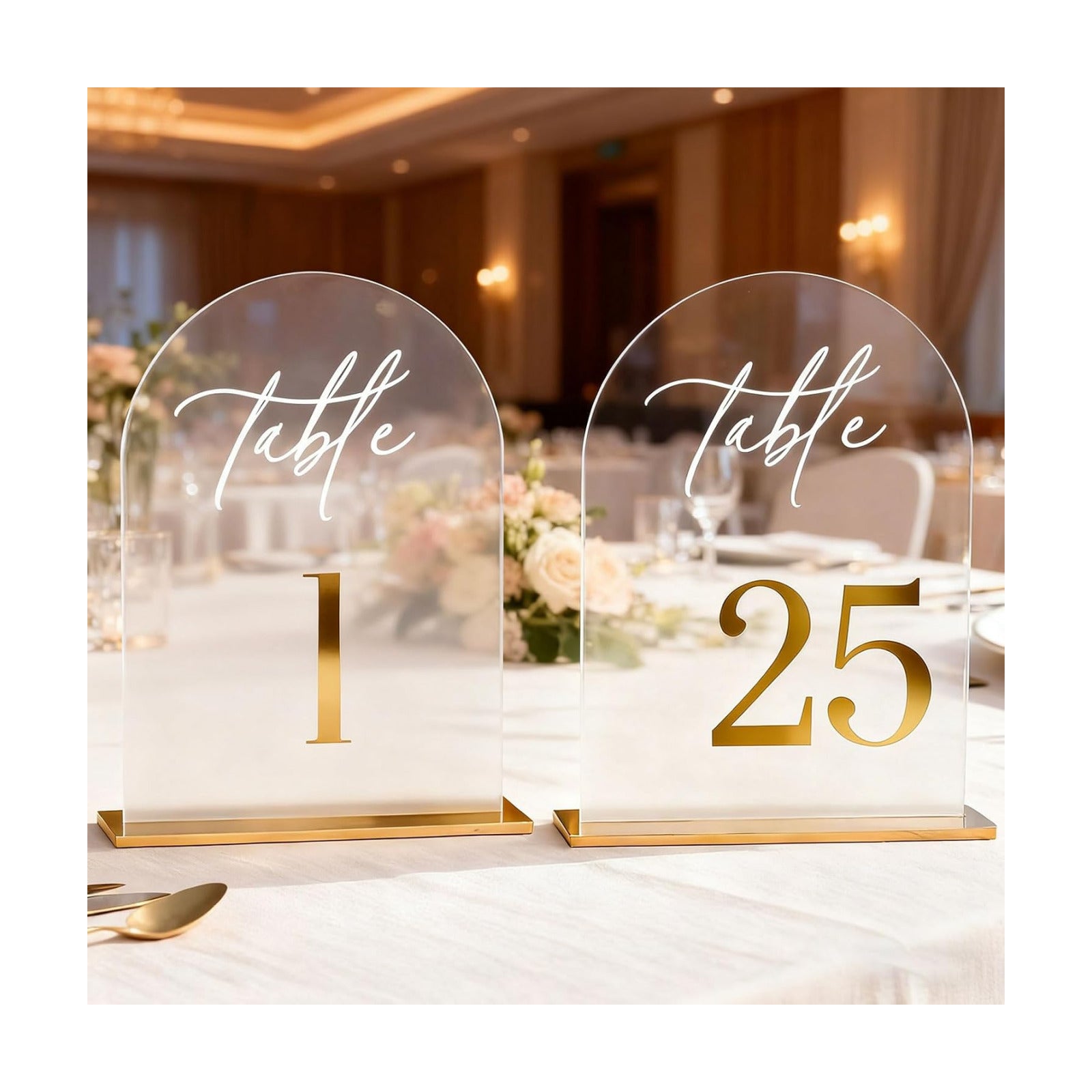 1-25 Arch Acrylic Wedding Table Numbers with Stands 5x8 Inch Signs | Transparent acrylic, golden letter print, sturdy