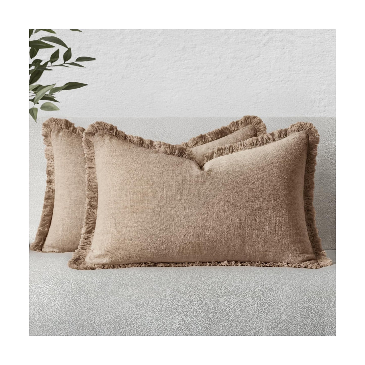 MIULEE Boho Linen Fringe Decorative Lumbar Throw Pillow Covers Camel 12x20