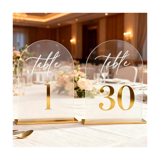 1-30Arch Acrylic Wedding Table Numbers With Stands 5x8 Inch Table Signs | Transparent acrylic, golden letter print
