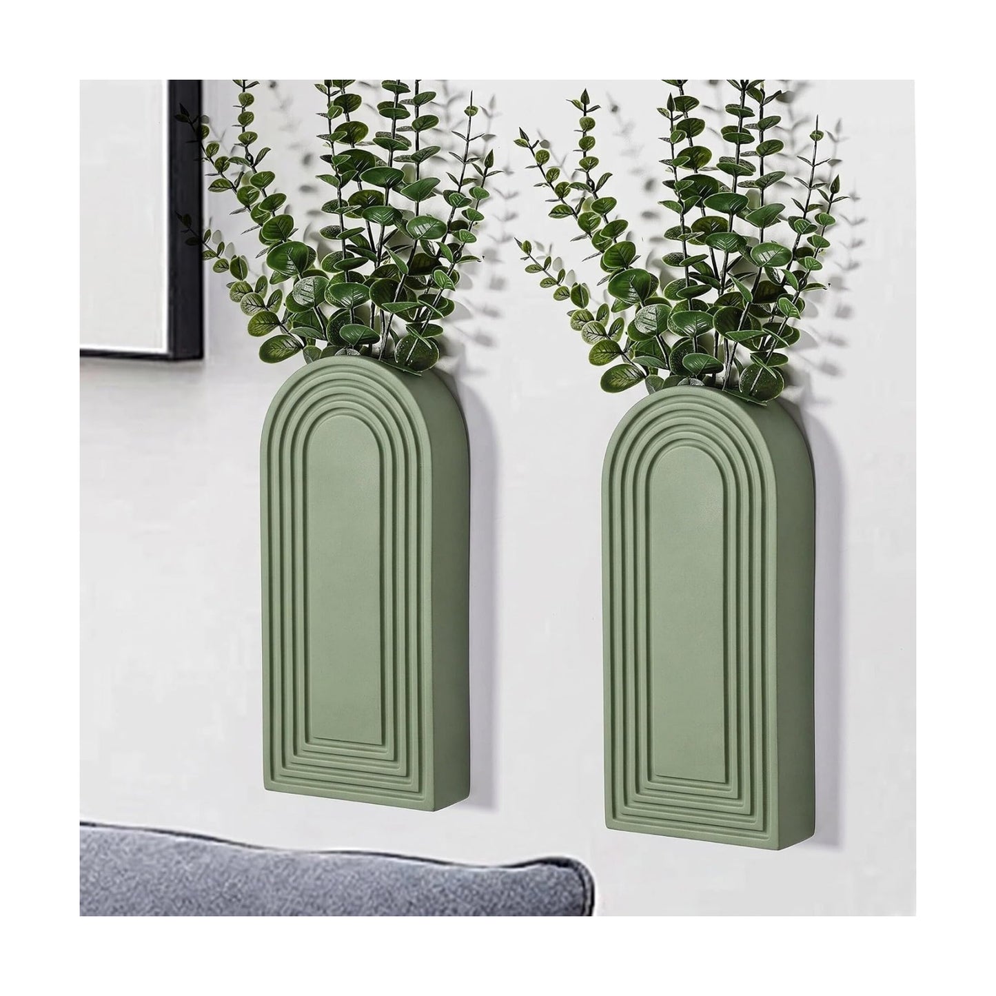 Dnnnii 2 Pack Wooden Wall Vase Set - Green Finish Modern Farmhouse & Boho Wall Decor for Entryway, Hallway, Bathroom