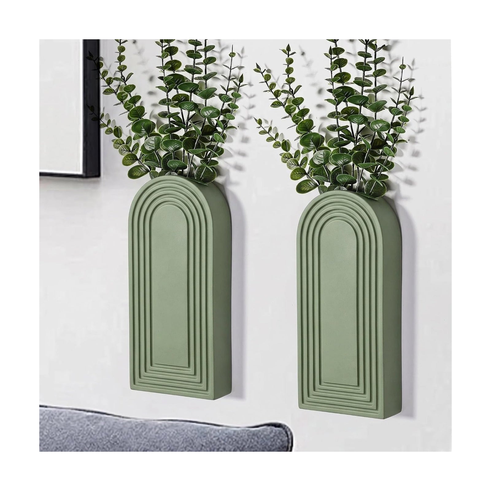 Dnnnii 2 Pack Wooden Wall Vase Set - Green Finish Modern Farmhouse & Boho Wall Decor for Entryway, Hallway, Bathroom