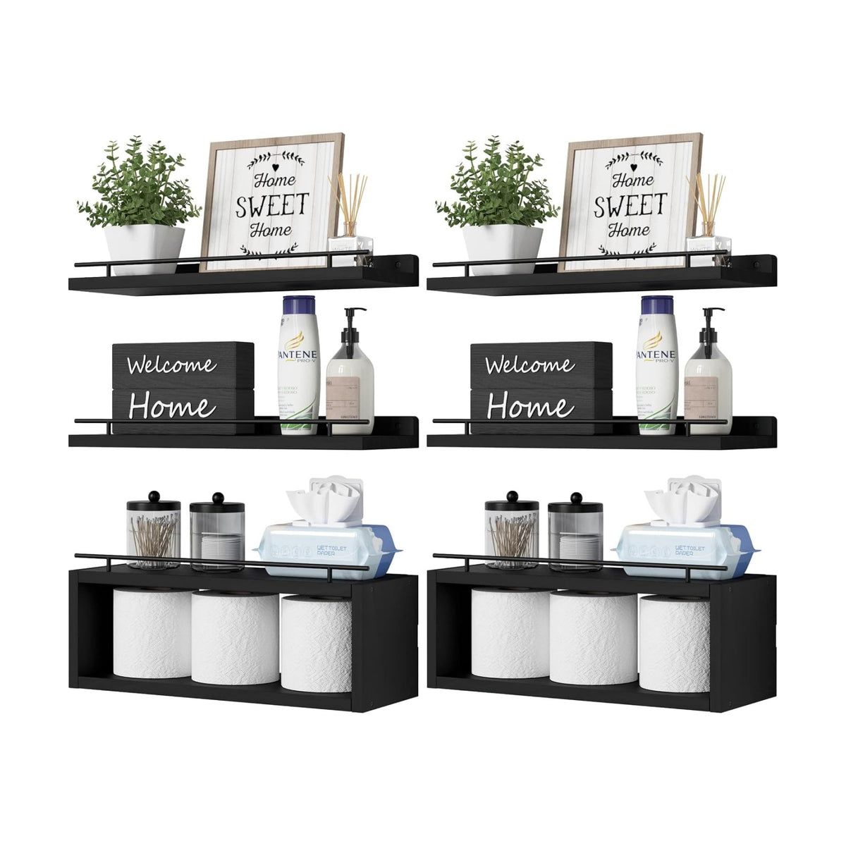 Floating Shelves for Wall with Cube Shelf, Wall Shelves with Metal Rail for Bathroom Decor, Bathroom Organizers and