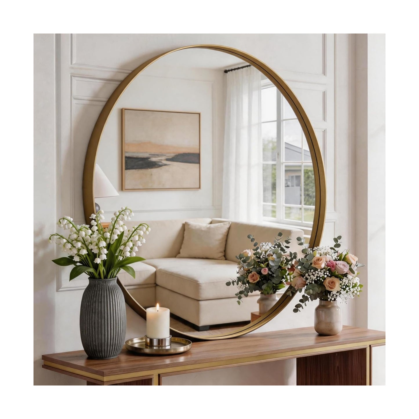 Bathroom Round Mirrors for Over Sink, 24 Inch Wall Circle Mirror with Matte Metal Frame, Modern Wall Mount Vanity