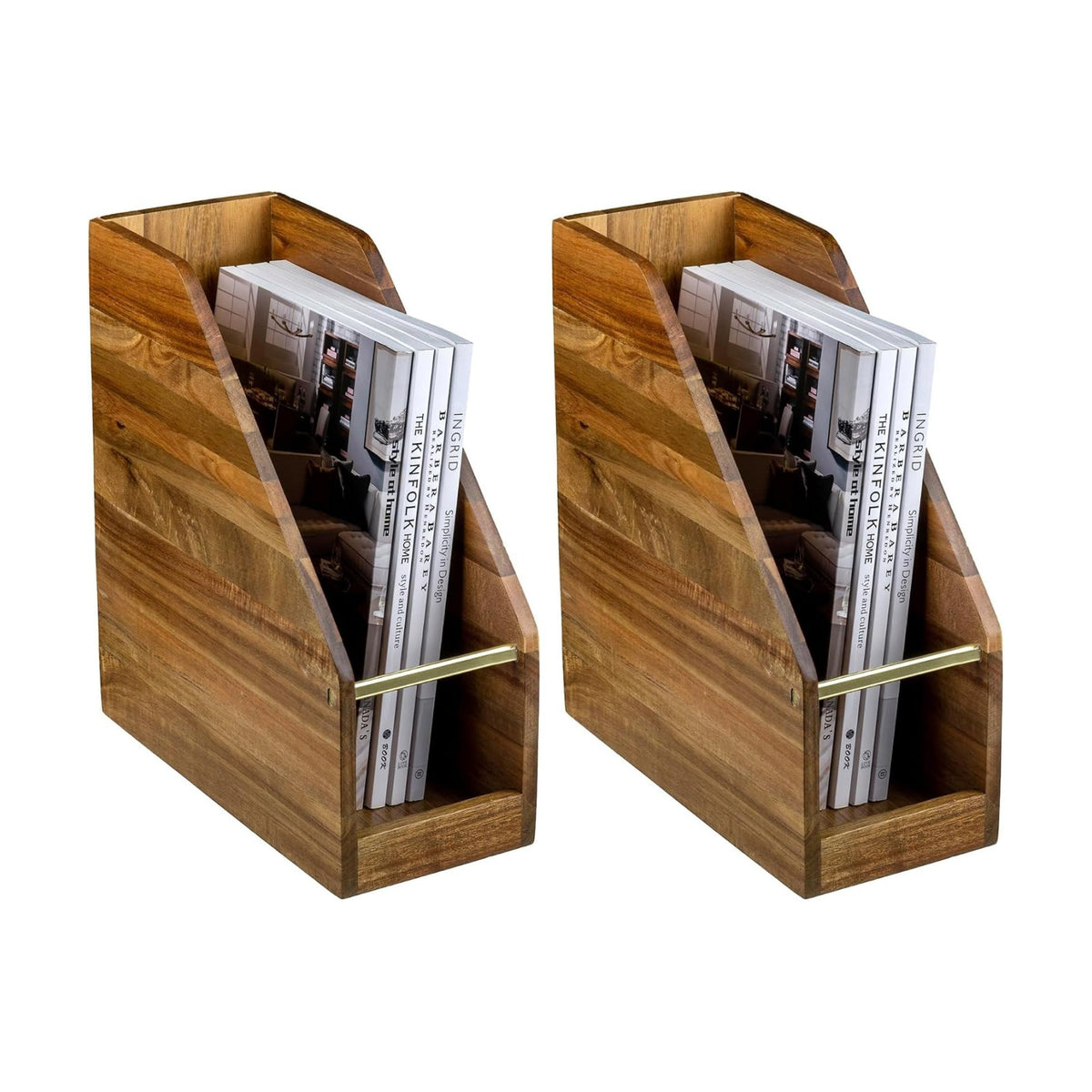 MyGift Premium Hotel Series Solid Acacia Wood Desktop Magazine File Holder Bin with Brass Tone Metal Accent, Vertical