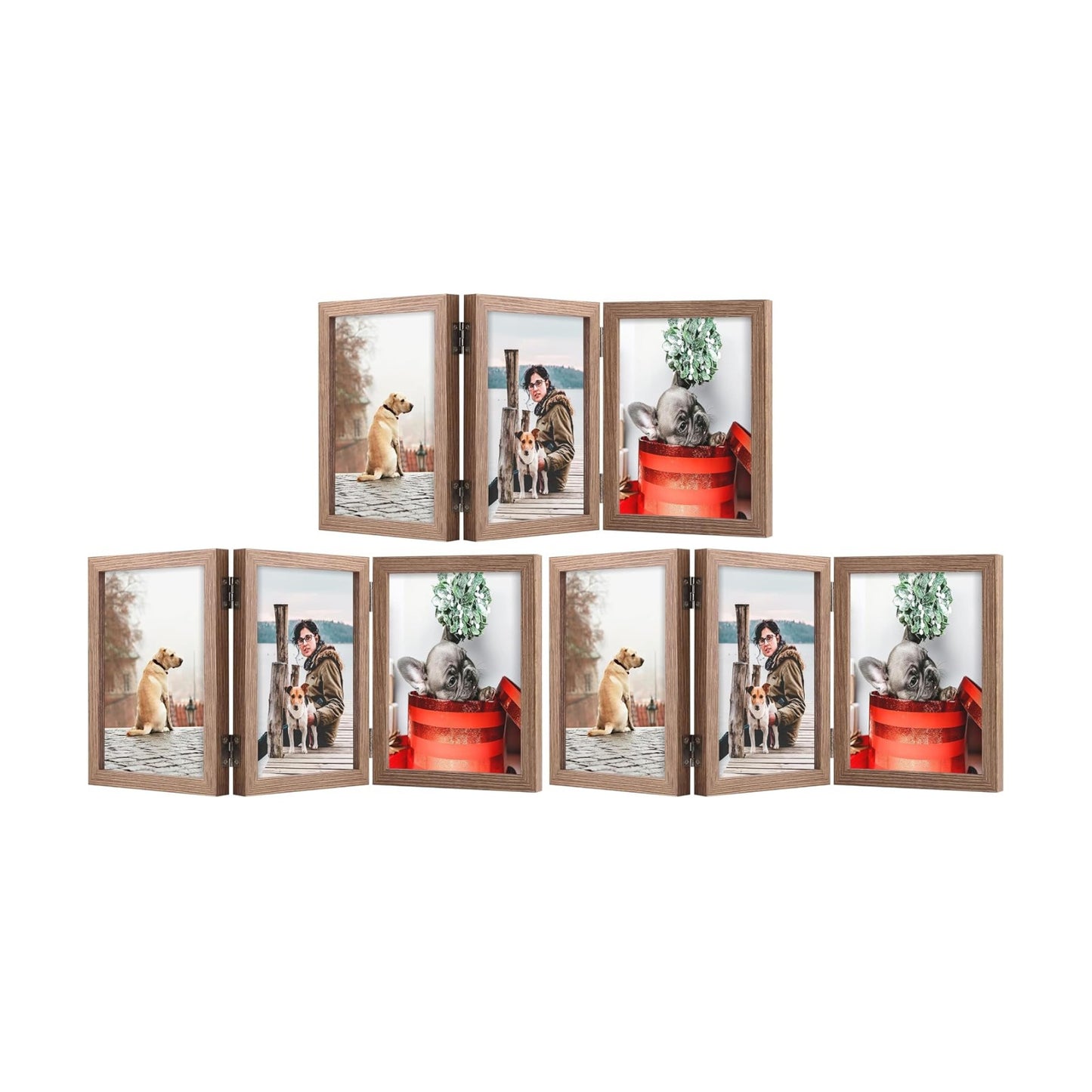 TOFOREVO 4x6 3 Picture Frame Triple Wooden Three Hinged Photo Frame Definition Glass Stand Vertically on Desktop or