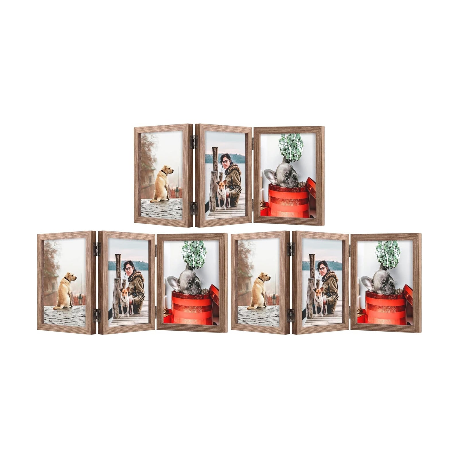TOFOREVO 4x6 3 Picture Frame Triple Wooden Three Hinged Photo Frame Definition Glass Stand Vertically on Desktop or
