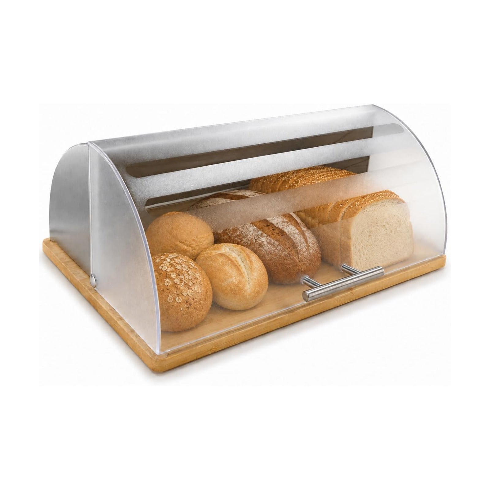 Bread Box for Kitchen Countertop, Modern Stainless Steel Roll-Top L | Clear Acrylic Viewing Door with Frosted Pattern