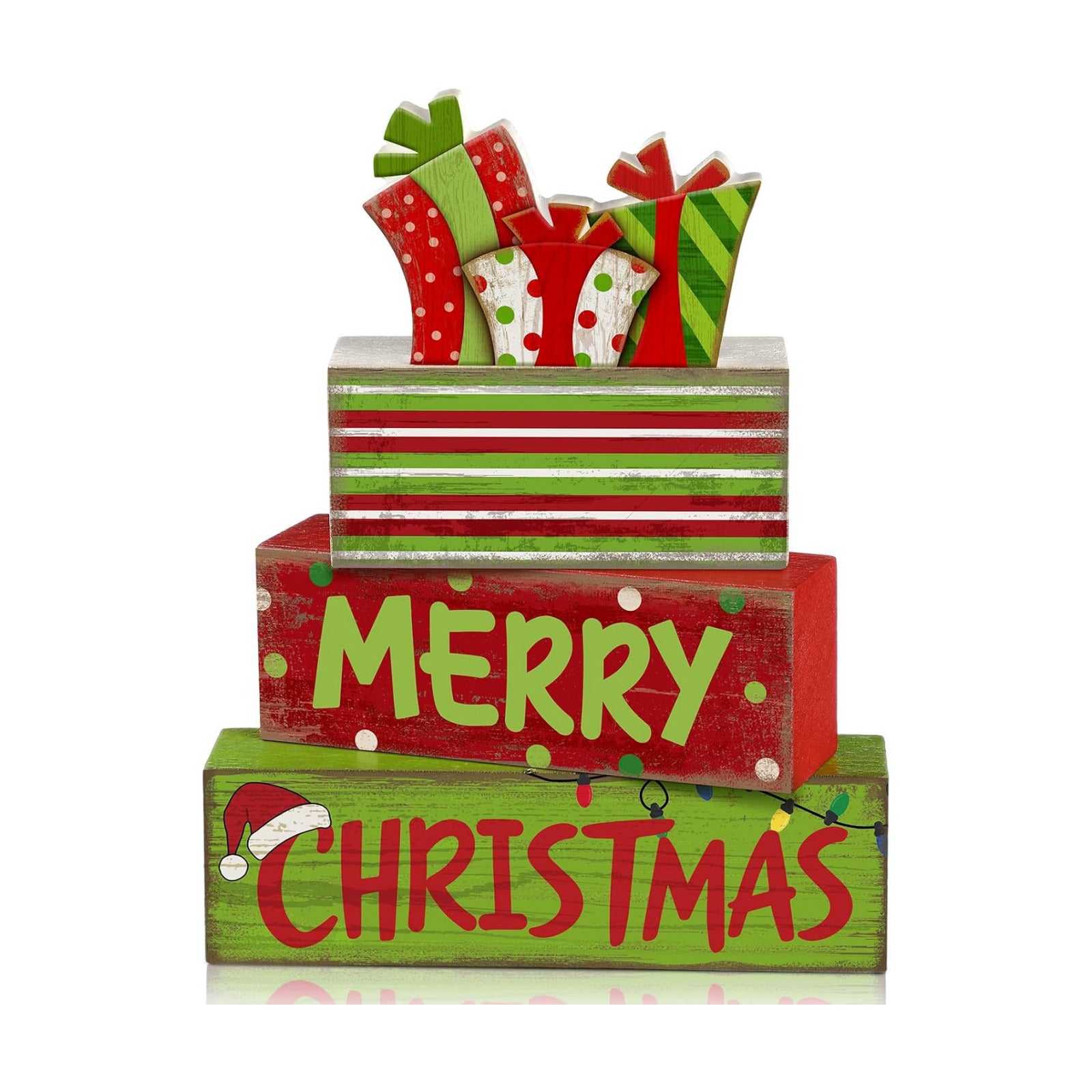 Lineshading 4 Pcs Christmas Table Decor - Red Green Gift Box Wooden Blocks